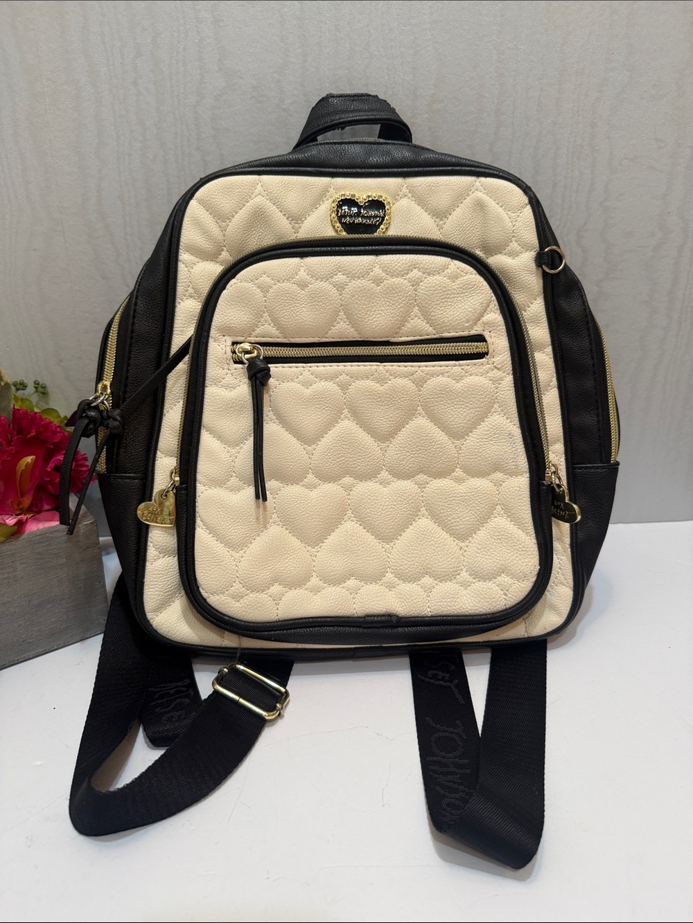 Betsey Johnson Heart Quilted Mini Backpack Cream Black Faux Leather AS IS